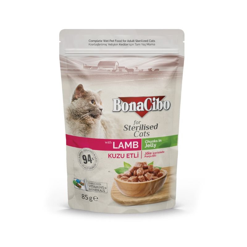 Bonacibo Adult Cat Food for Sterilized Cats - Lamb Chunks in Jelly 85g