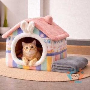 Large Size Rabbit Ear Design Tent shape Enclosed Warm House with Blanket Plush Sleeping Bed for Pet Cat