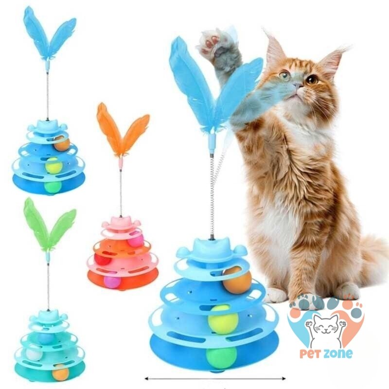 Medium Sized Pet Cat Toy Four-tier Turnable Roller Balls Tower Toy with Feather