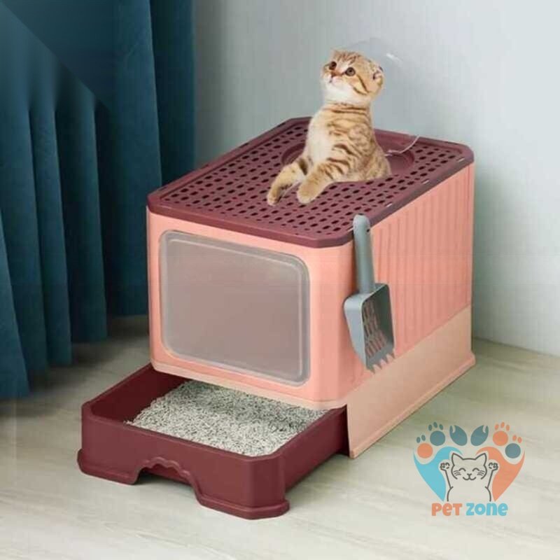 Pet Cat Toilet Litter Box with Lid Drawer System Foldable Large Including Pastic Scoop (Inside Dhaka Only)