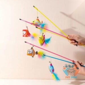 Random Printed Feather Fish Teaser Toy with Plastic Stick for Pet Cat