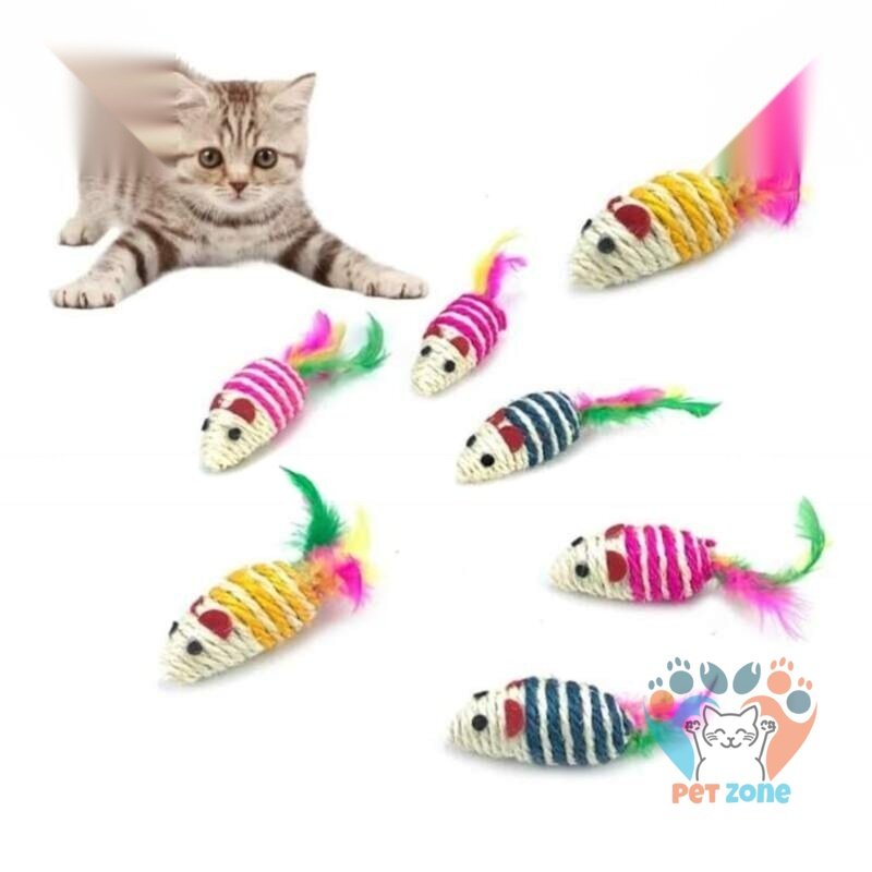 Single Pet Cat Sisal Rope Colorful Mouse Toy with Feather (1pcs)